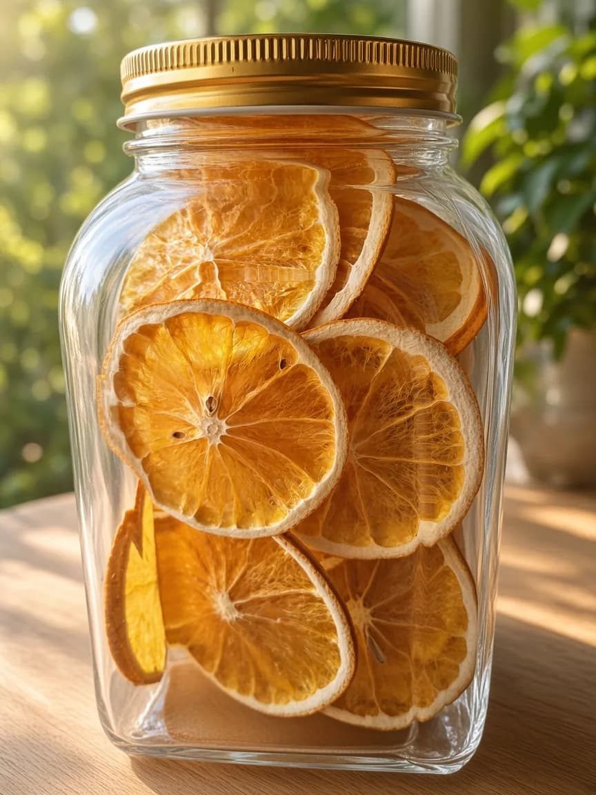 Bocal en verre rempli de tranches d’orange séchées, au soleil.