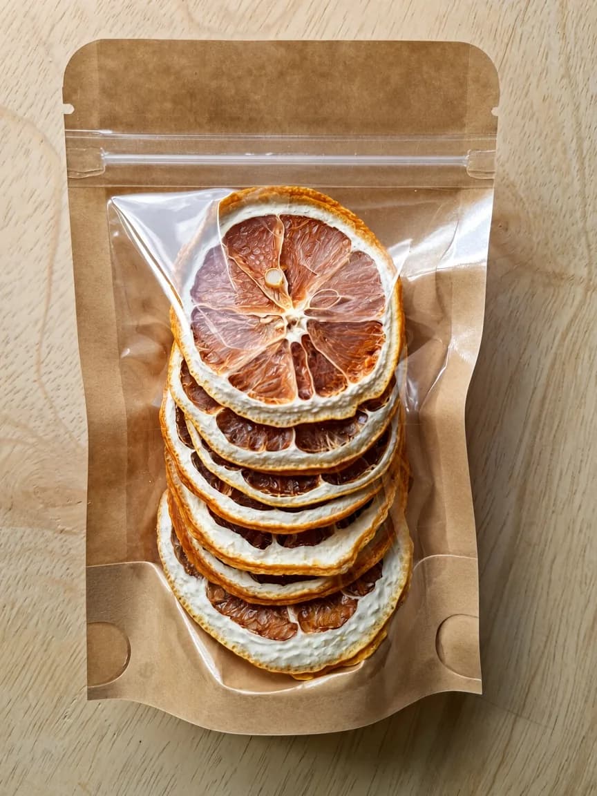 Sachet kraft à fenêtre : tranches de citron jaune séchées empilées.